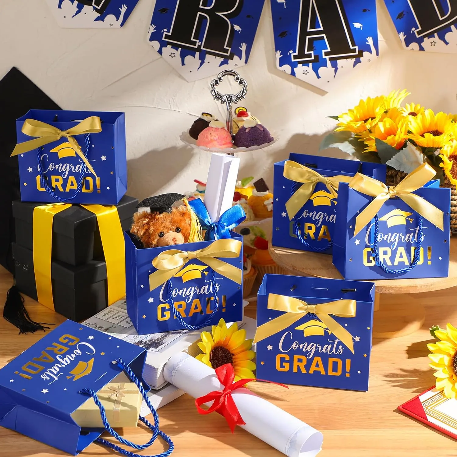 Jetec 45 Pack 2025 Graduation Gift Bags Bulk Small Congrats Bags with Handle and Bow Ribbon 5.5 x 4.7 x 2.5 Inch Grad Paper Treat Gifts Party Favor Supplies for College High School(Blue Gold)