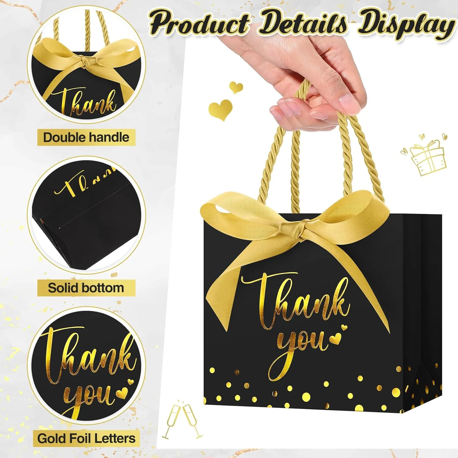 Jetec 45 Pcs Mini Paper Gift Bag Bulk 5.5 x 4.7 x 2.5'' Small Thank You Favor Bag with Handle Bow Ribbon for Valentines Day Wedding Baby Bridal Shower Birthday Party(Black/gold)