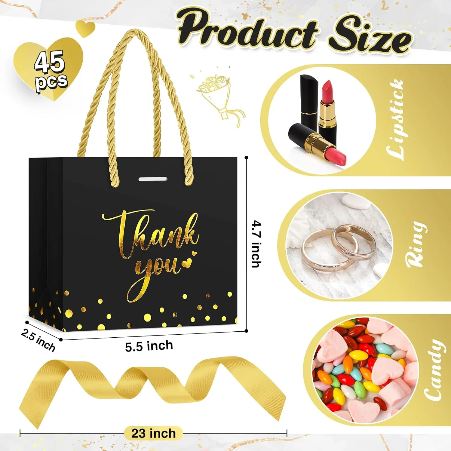 Jetec 45 Pcs Mini Paper Gift Bag Bulk 5.5 x 4.7 x 2.5'' Small Thank You Favor Bag with Handle Bow Ribbon for Valentines Day Wedding Baby Bridal Shower Birthday Party(Black/gold)
