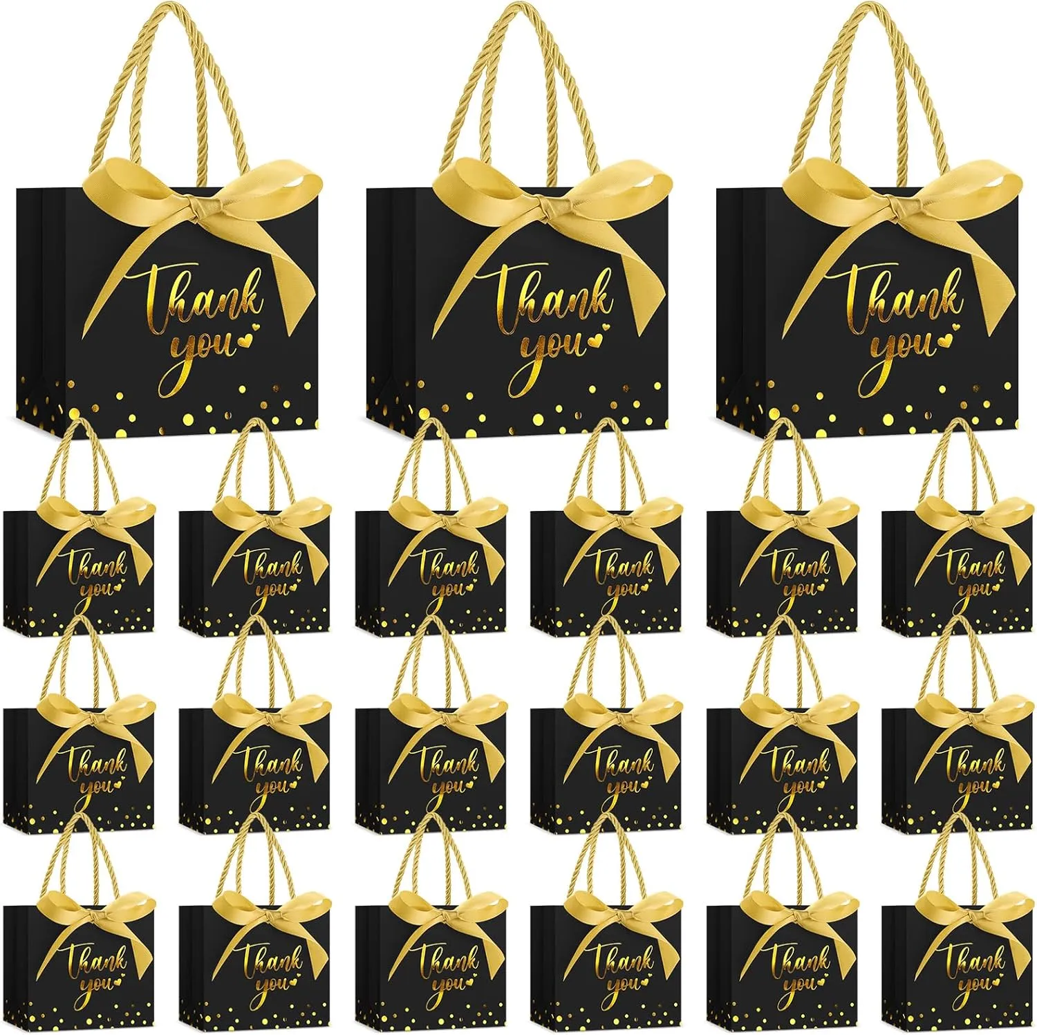 Jetec 45 Pcs Mini Paper Gift Bag Bulk 5.5 x 4.7 x 2.5'' Small Thank You Favor Bag with Handle Bow Ribbon for Valentines Day Wedding Baby Bridal Shower Birthday Party(Black/gold)