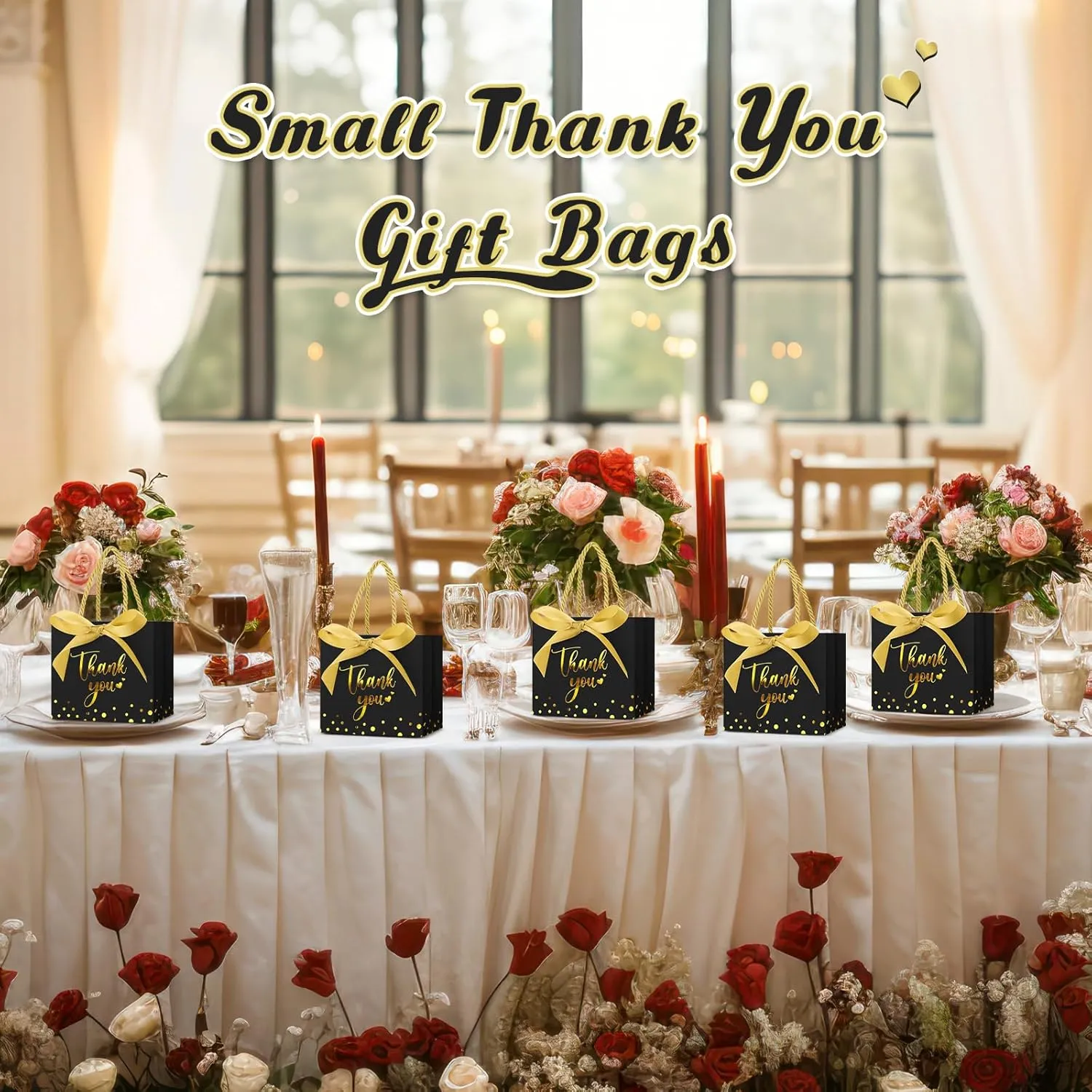 Jetec 45 Pcs Mini Paper Gift Bag Bulk 5.5 x 4.7 x 2.5'' Small Thank You Favor Bag with Handle Bow Ribbon for Valentines Day Wedding Baby Bridal Shower Birthday Party(Black/gold)