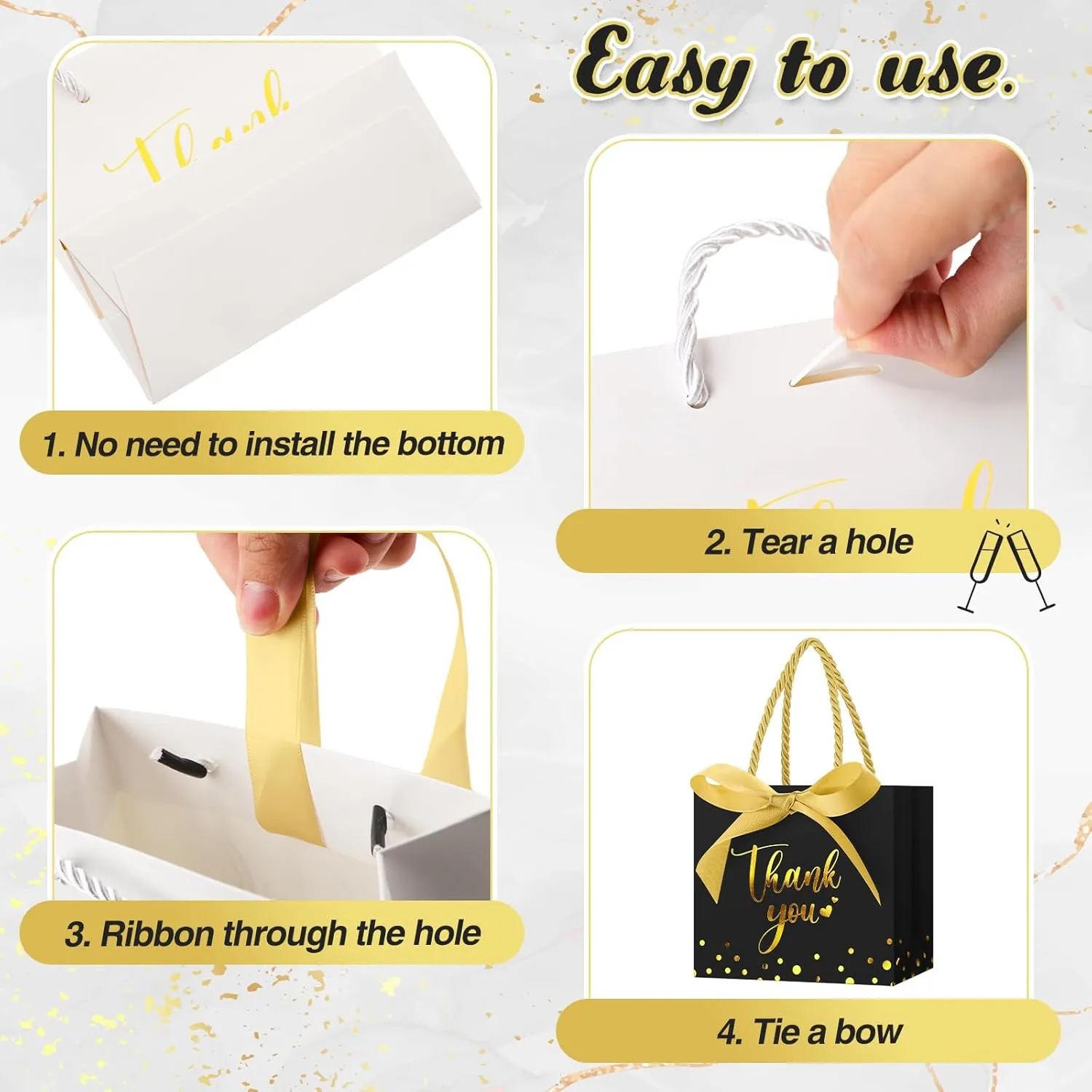 Jetec 45 Pcs Mini Paper Gift Bag Bulk 5.5 x 4.7 x 2.5'' Small Thank You Favor Bag with Handle Bow Ribbon for Valentines Day Wedding Baby Bridal Shower Birthday Party(Black/gold)