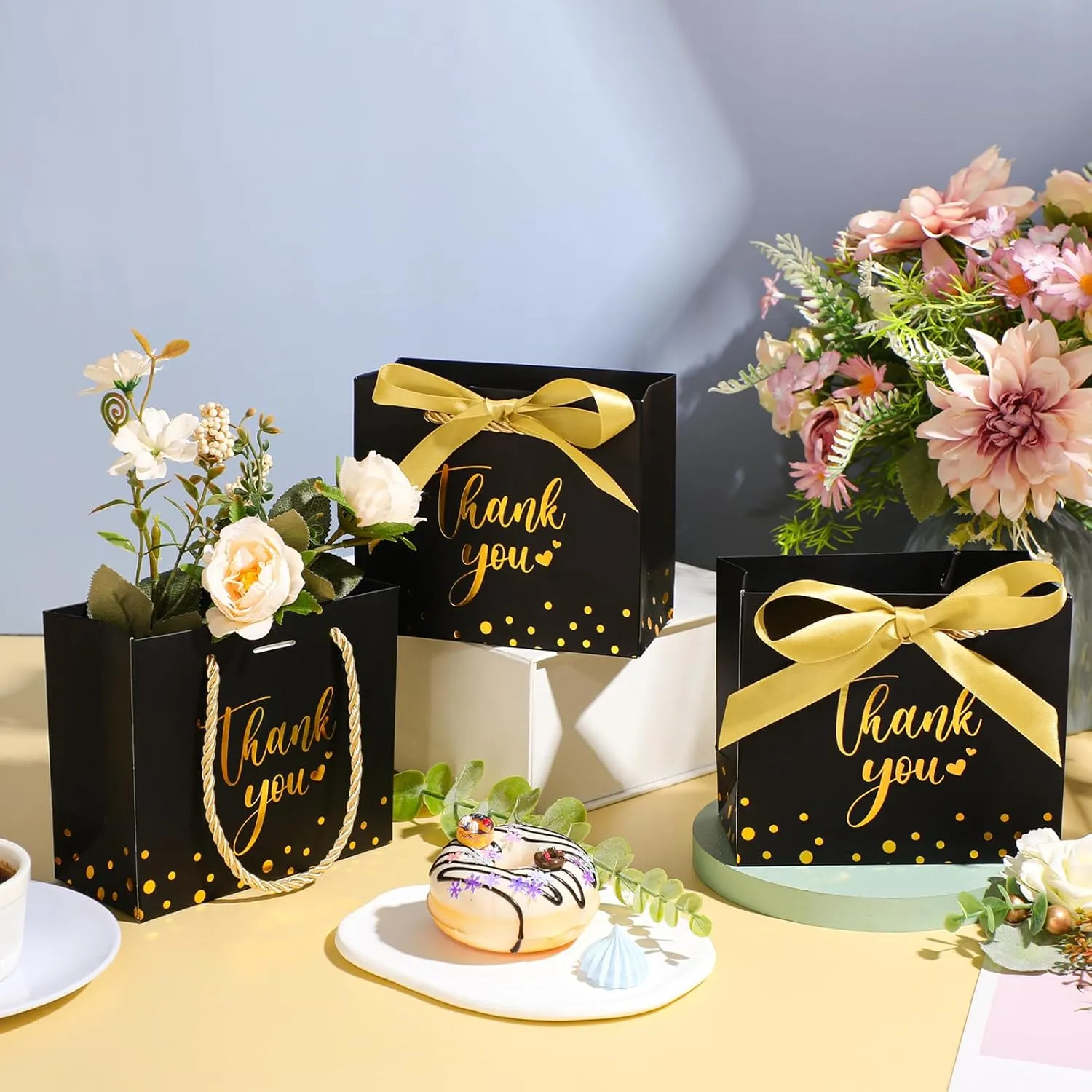 Jetec 45 Pcs Mini Paper Gift Bag Bulk 5.5 x 4.7 x 2.5'' Small Thank You Favor Bag with Handle Bow Ribbon for Valentines Day Wedding Baby Bridal Shower Birthday Party(Black/gold)