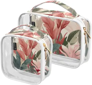 Joko Ivery Banana Leaves Green 2 Pieces Clear Makeup Cosmetic Toiletry Bags for Women Men PVC Waterproof Travel Storage Carry Pouch with Gold Zippers Plastic Tote Bags for Bathroom Organizing