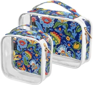 Joko Ivery Blue Boho Florals 2 Pieces Clear Makeup Cosmetic Toiletry Bags for Women Men PVC Portable Travel Storage Carry Pouch with Gold Zippers Handbag Purse for Traveling Bathroom Organizing