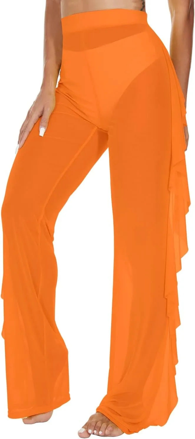 Jumppmile Women's Ruffle Sheer Mesh Swimwear Bikini Cover Up Pants See Through