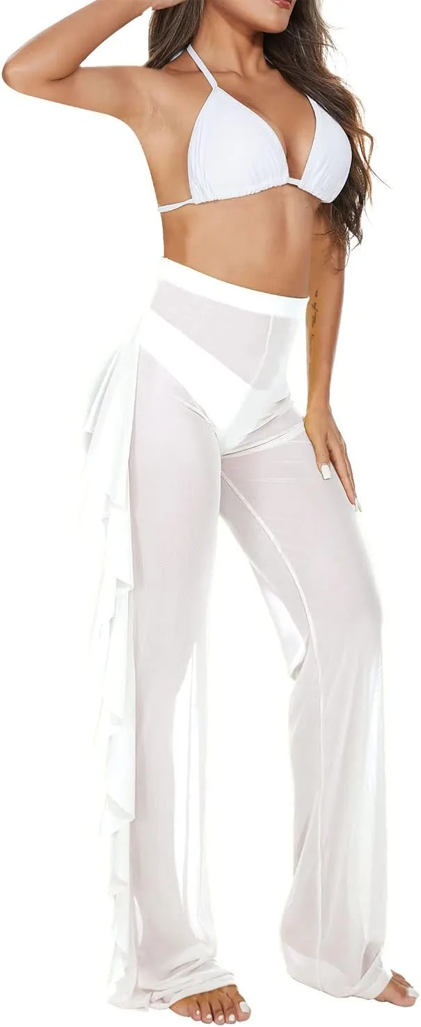 Jumppmile Women's Ruffle Sheer Mesh Swimwear Bikini Cover Up Pants See Through