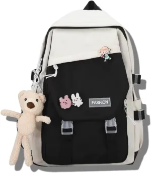 Kawaii Backpack with Cute Accessories Durable Laptop Large Bookbags Lightweight Waterproof Casual Travel Daypacks (Black)