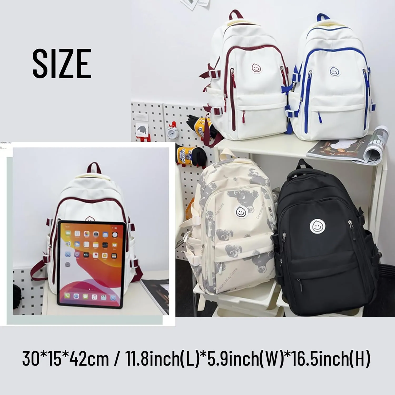 Kawaii Backpack with Cute Accessories Travel Backpacks Lightweight Casual Daypack Waterproof Laptop Women Men (Black)