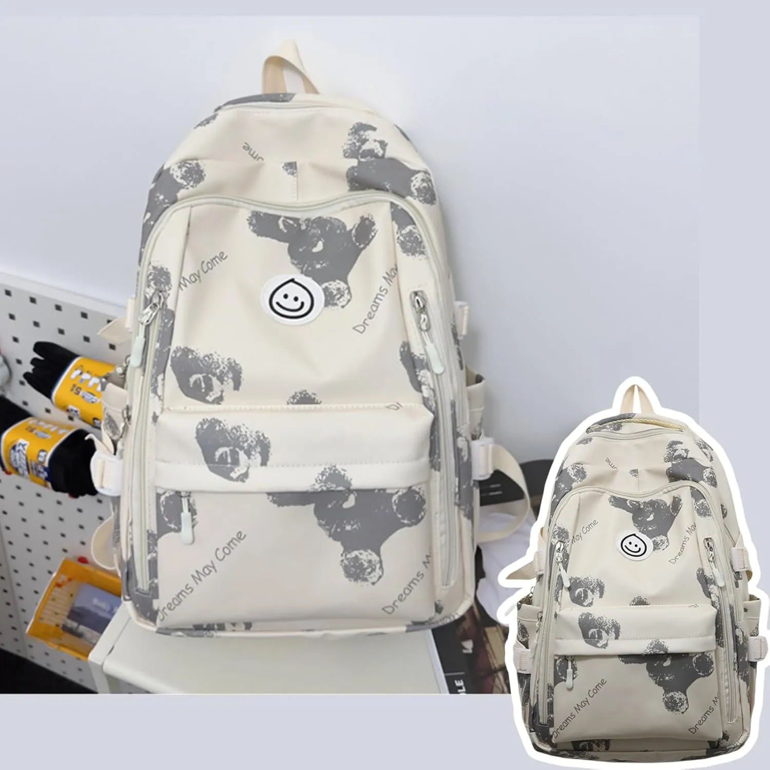 Kawaii Backpack with Cute Accessories Travel Backpacks Lightweight Casual Daypack Waterproof Laptop Women Men (Grey)