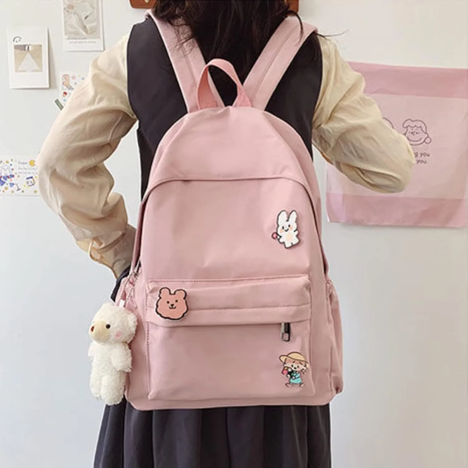 Kawaii Cute Aesthetic School Laptop Backpack with Accessories Pin Plush Pendant for Teen Girls, Students
