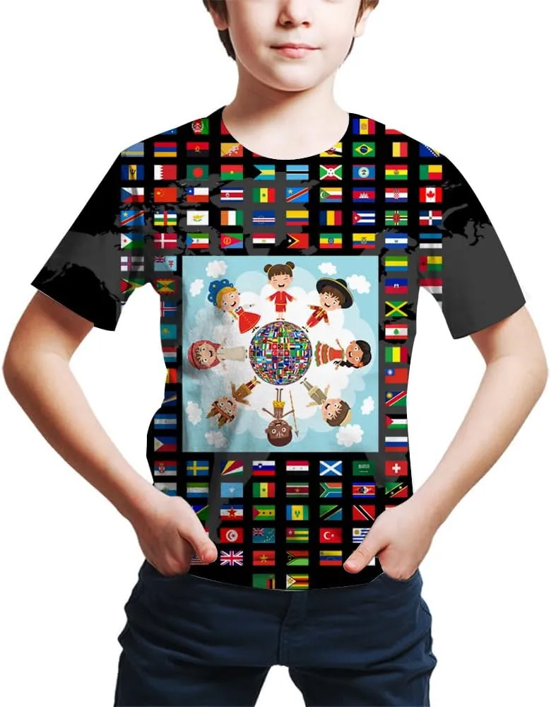 Kids Print 3D Print World Flags of The Countries Funny Graphic Pattern Holiday Tees Shirts for Youth Boys Girls 4-14 Years
