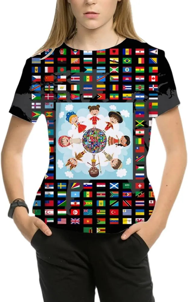 Kids Print 3D Print World Flags of The Countries Funny Graphic Pattern Holiday Tees Shirts for Youth Boys Girls 4-14 Years