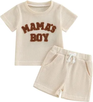 Kupretty Toddler Baby Boy Summer Clothes Embroiderey Waffle Knit Short Sleeve T-Shirt Tees   Casual Shorts Cute Clothing Set