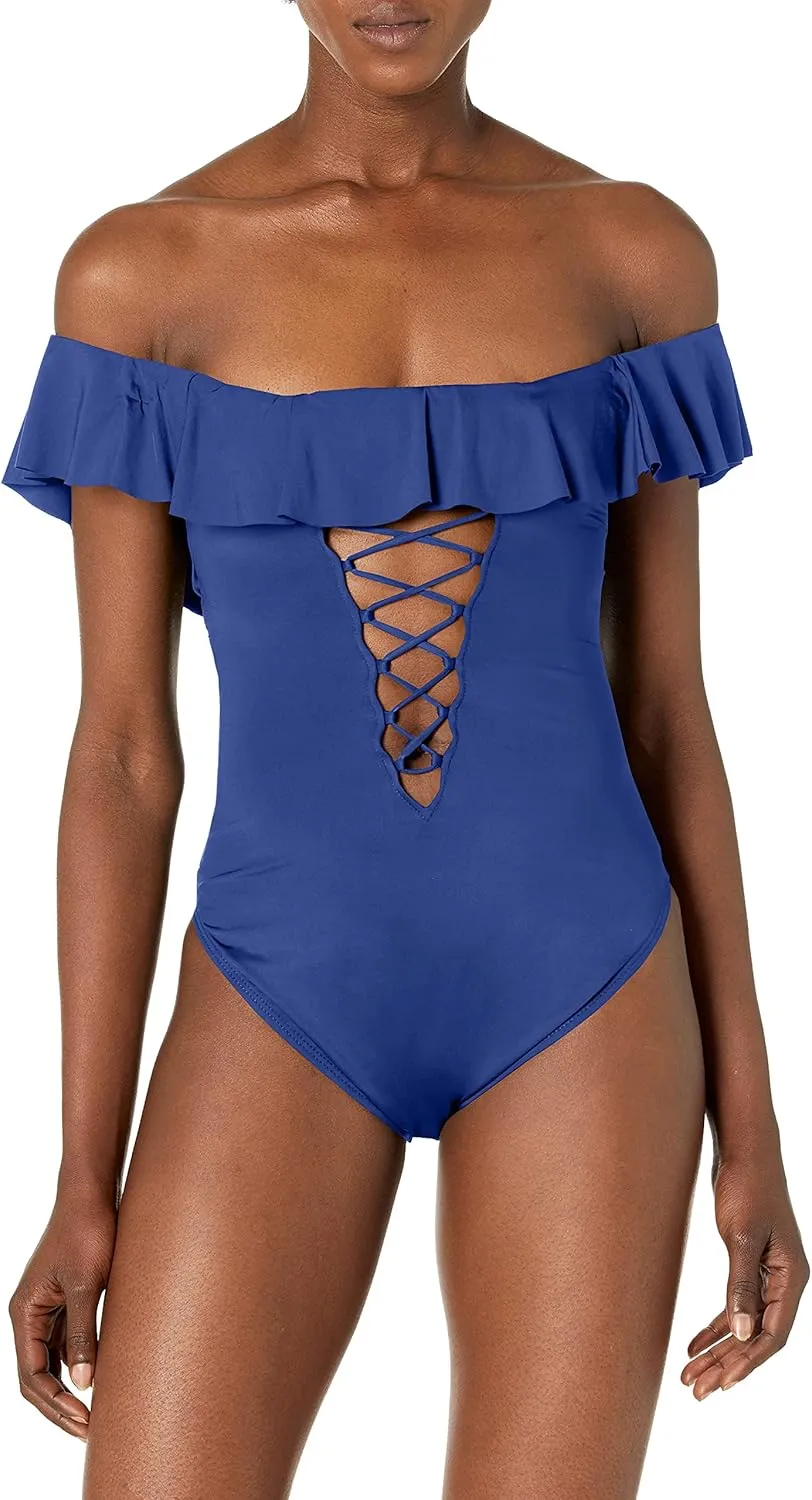 La Blanca Women's One Piece Swimsuit Off Shoulder Ruffle Island Goddess Bathing Suit
