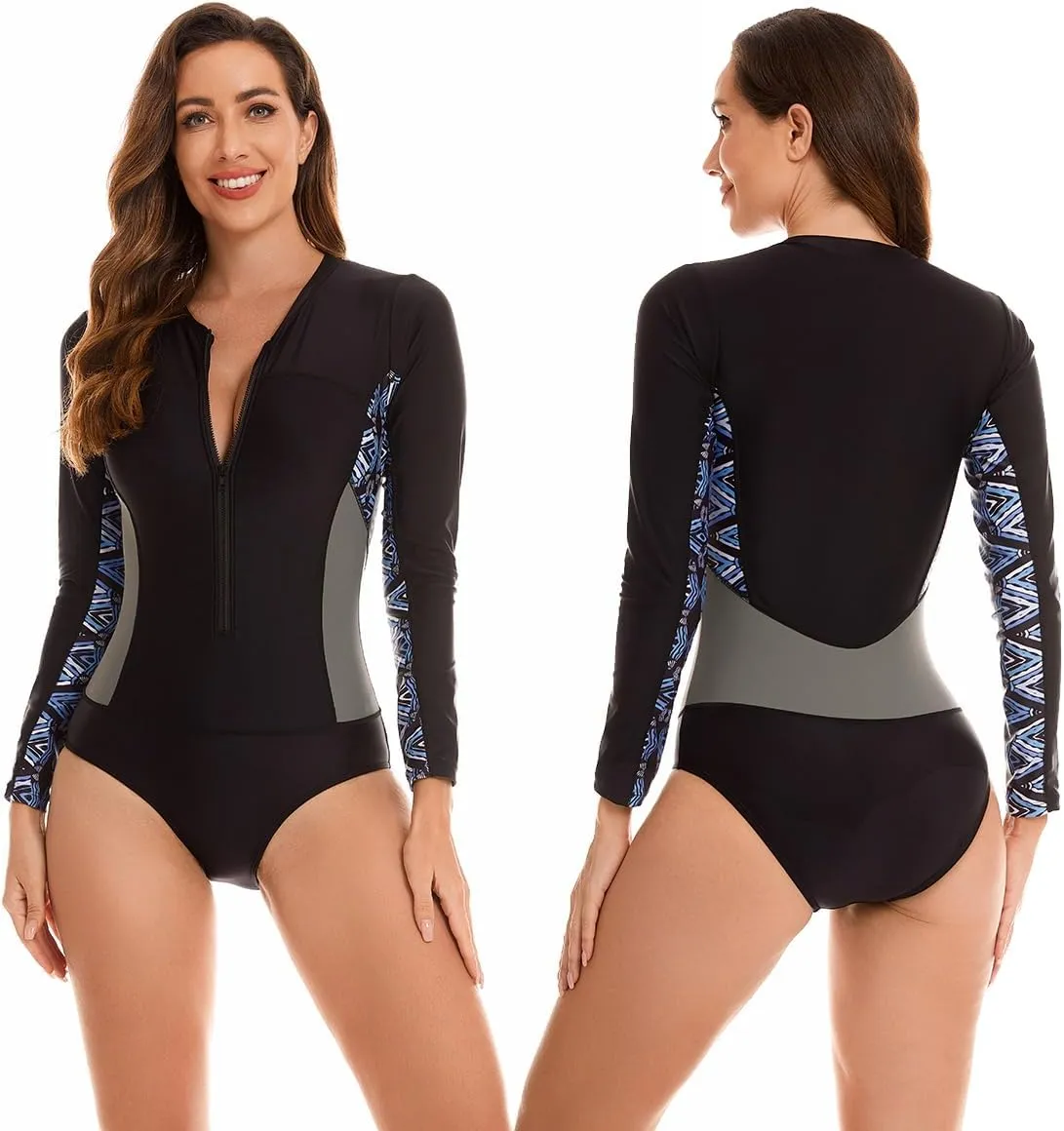 LafyKoly Women's One Piece Rash Guard Swimwear Long Sleeve Zipper UV Protection Swimsuit Surfing Bathing Suits
