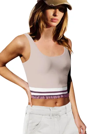 LAMISSCHE Womens Cropped Tank Tops Workout Padded Sports Bra Athletic Yoga Gym Tops Striped Ruffle Camisole