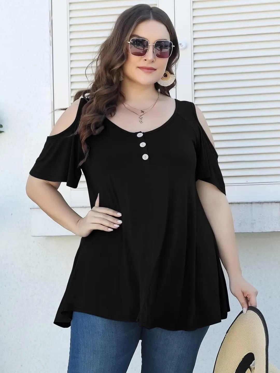 LARACE Cold Shoulder Tops for Women Plus Size V Neck T Shirts Short Sleeve Summer Clothes Button Up Tunic