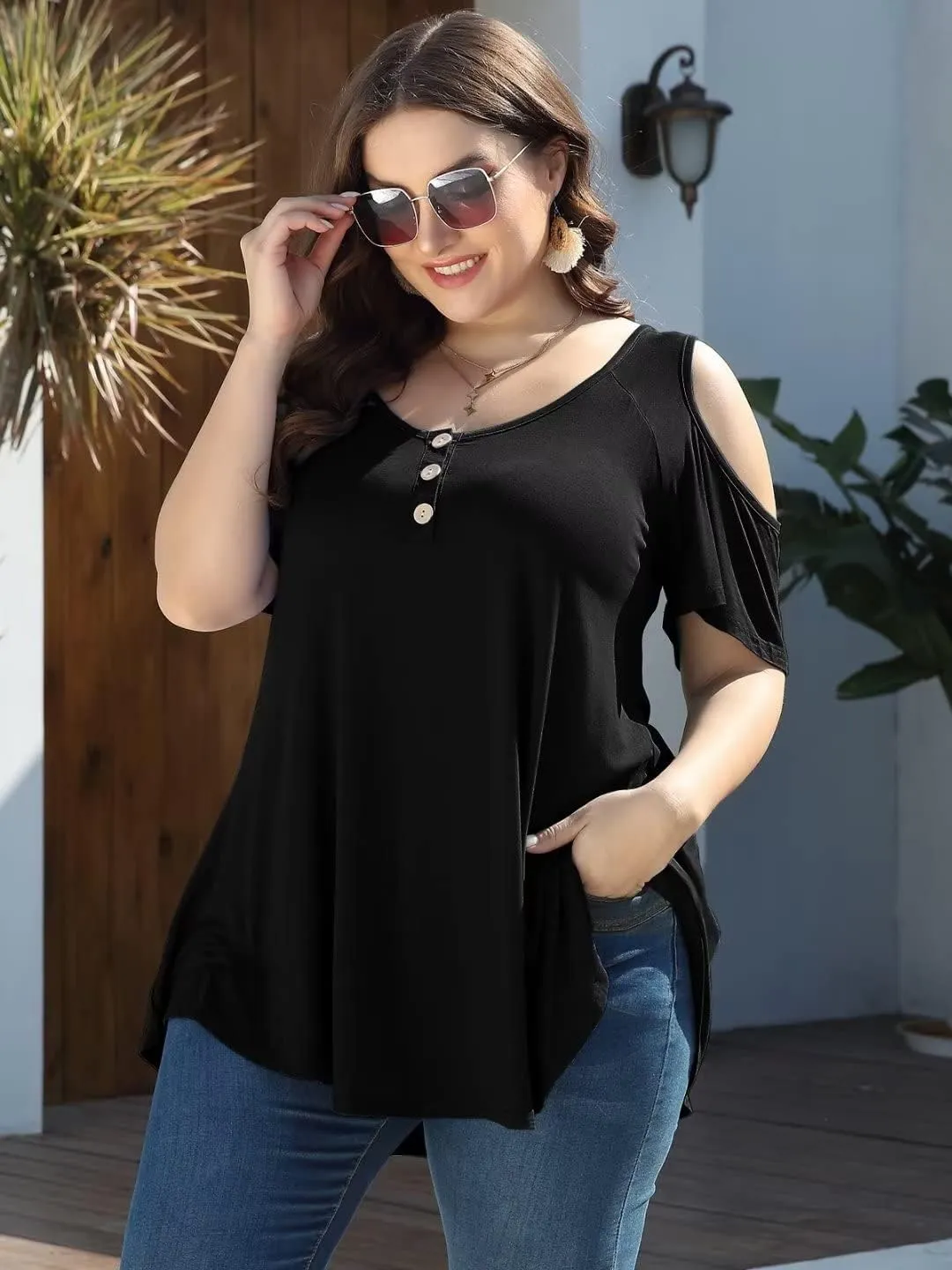LARACE Cold Shoulder Tops for Women Plus Size V Neck T Shirts Short Sleeve Summer Clothes Button Up Tunic
