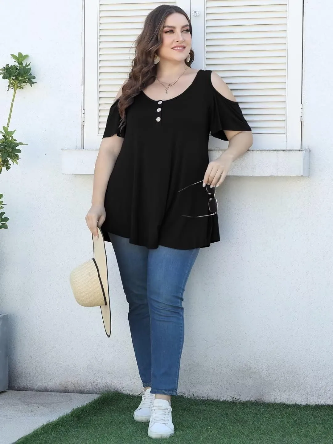 LARACE Cold Shoulder Tops for Women Plus Size V Neck T Shirts Short Sleeve Summer Clothes Button Up Tunic