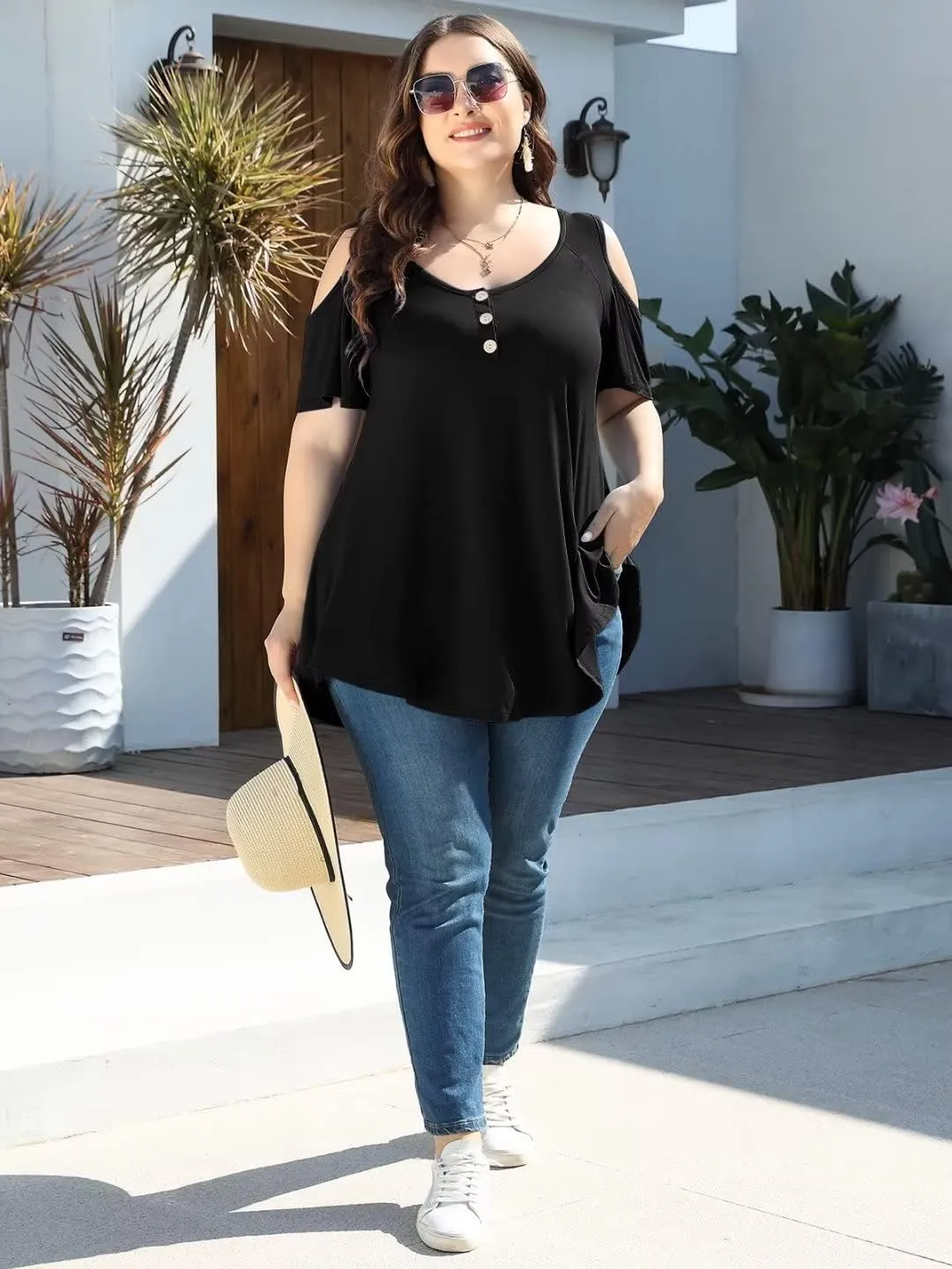 LARACE Cold Shoulder Tops for Women Plus Size V Neck T Shirts Short Sleeve Summer Clothes Button Up Tunic