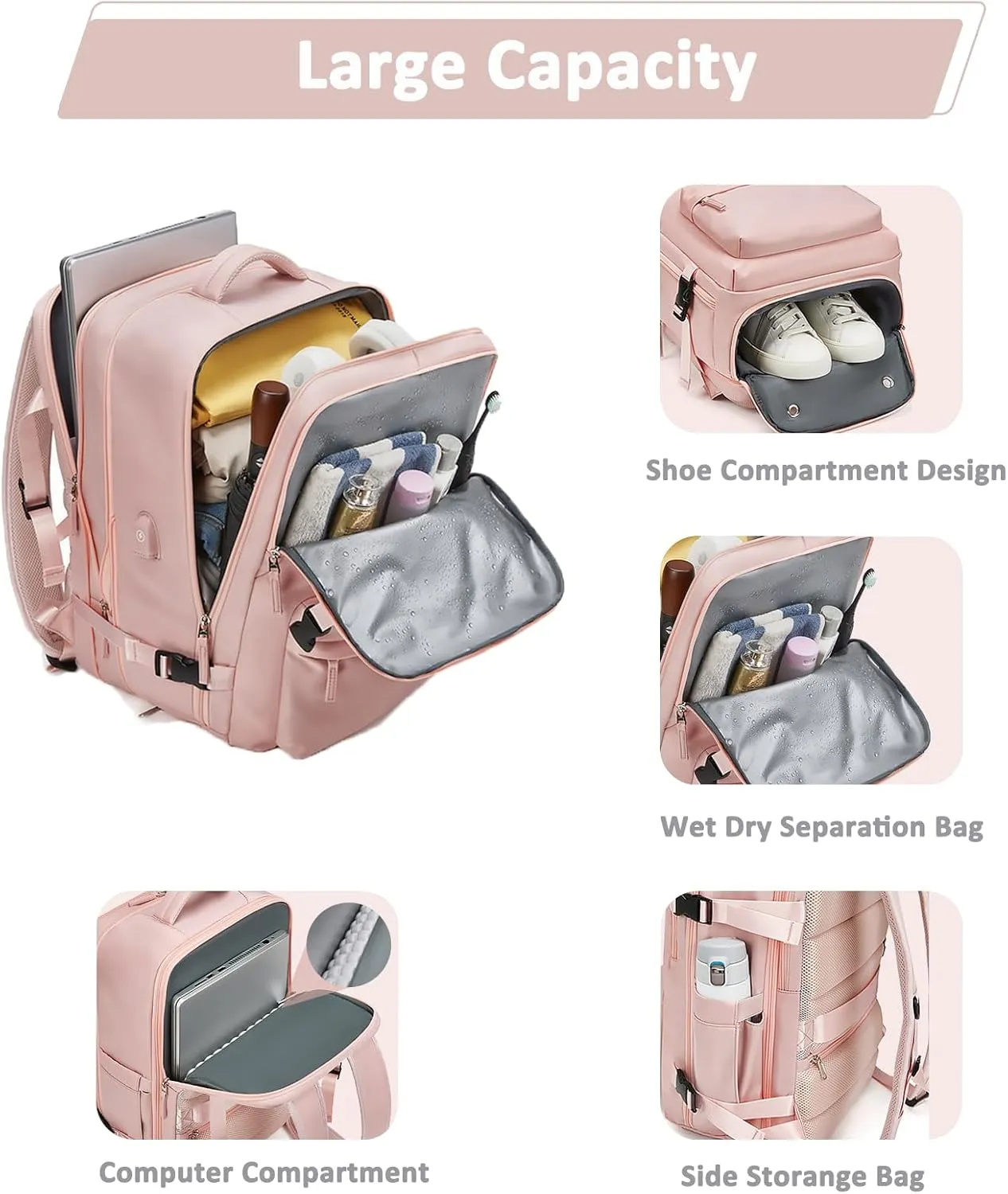 Large Travel Backpack for Women 40L Scalable Waterproof 16" Laptop Backpack Shoes Compartment Hiking Gym Backpack College Rucksack with USB Charging Port
