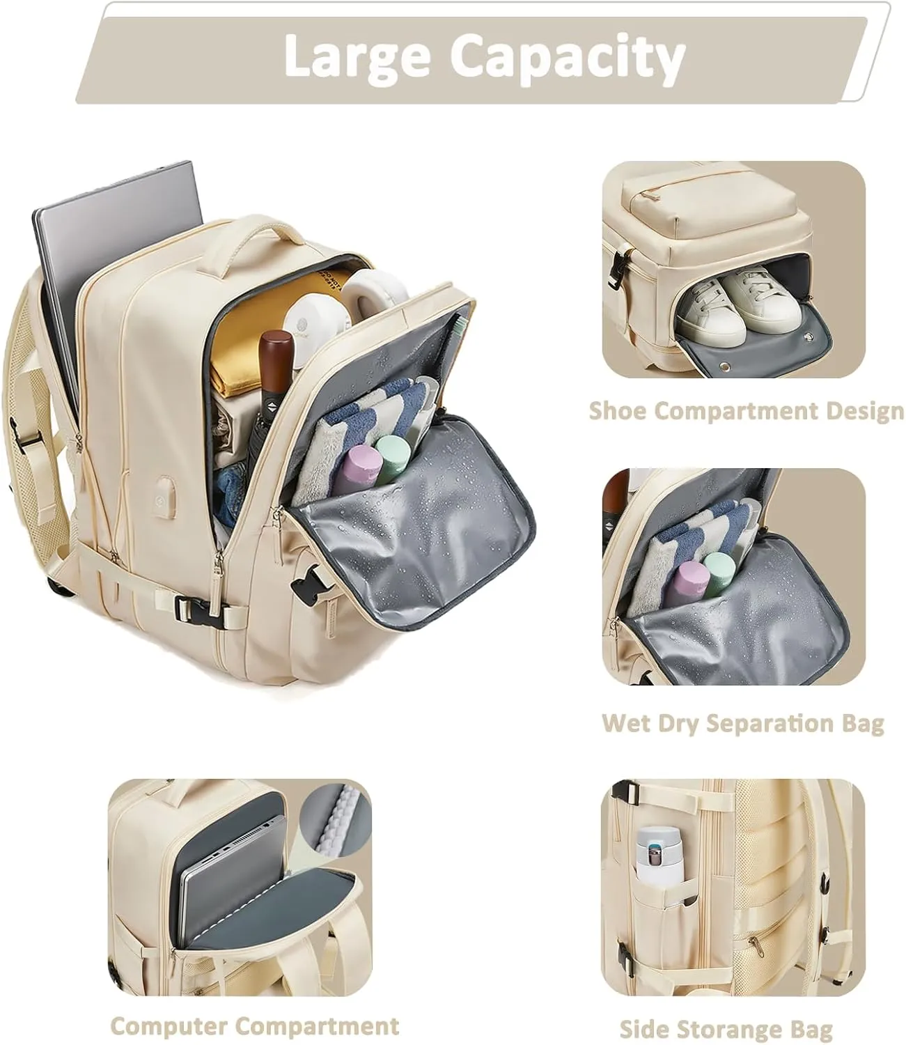 Large Travel Backpack for Women 40L Scalable Waterproof 16" Laptop Backpack Shoes Compartment Hiking Gym Backpack College Rucksack with USB Charging Port