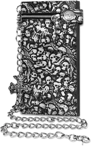 Long Chain Wallet Leather Skull Gothic Punk Bifold Halloween Goth Accessories,Unisex - Gunmetal Black Brand