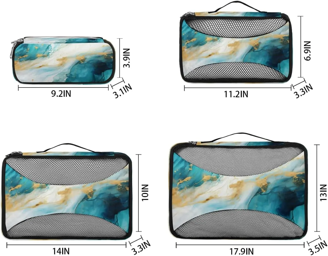 Luxury Blue Marble Packing Cubes for Suitcases Luggage Organizer Bags Set Travel Packing Organizers Multiple Sizes for Clothes Shoes Cosmetics Toiletries