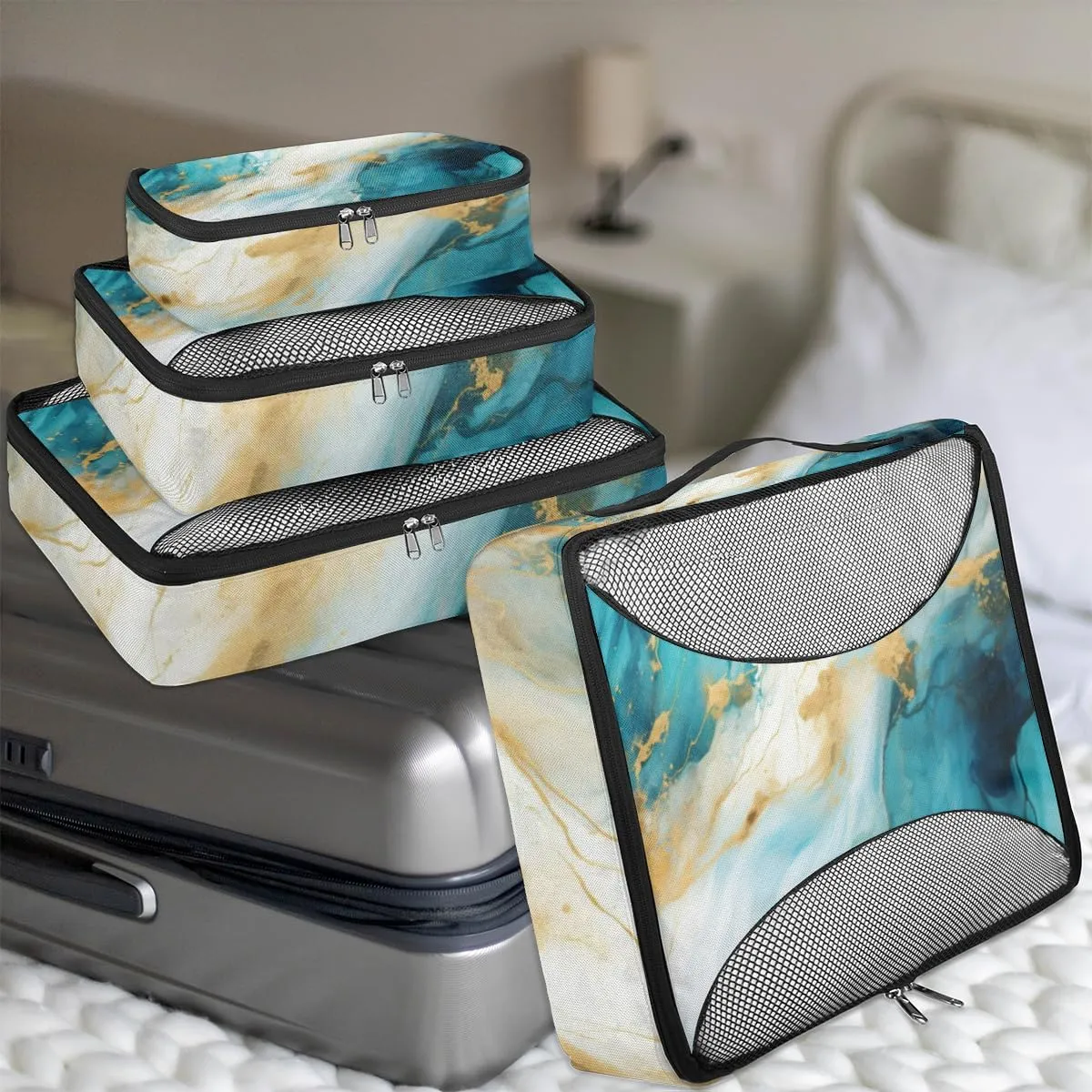 Luxury Blue Marble Packing Cubes for Suitcases Luggage Organizer Bags Set Travel Packing Organizers Multiple Sizes for Clothes Shoes Cosmetics Toiletries
