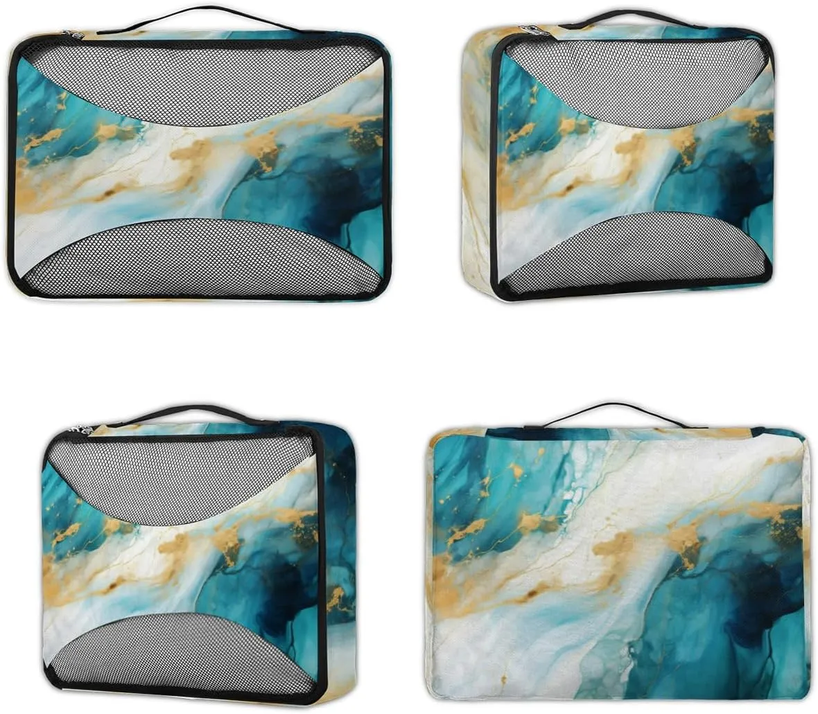 Luxury Blue Marble Packing Cubes for Suitcases Luggage Organizer Bags Set Travel Packing Organizers Multiple Sizes for Clothes Shoes Cosmetics Toiletries