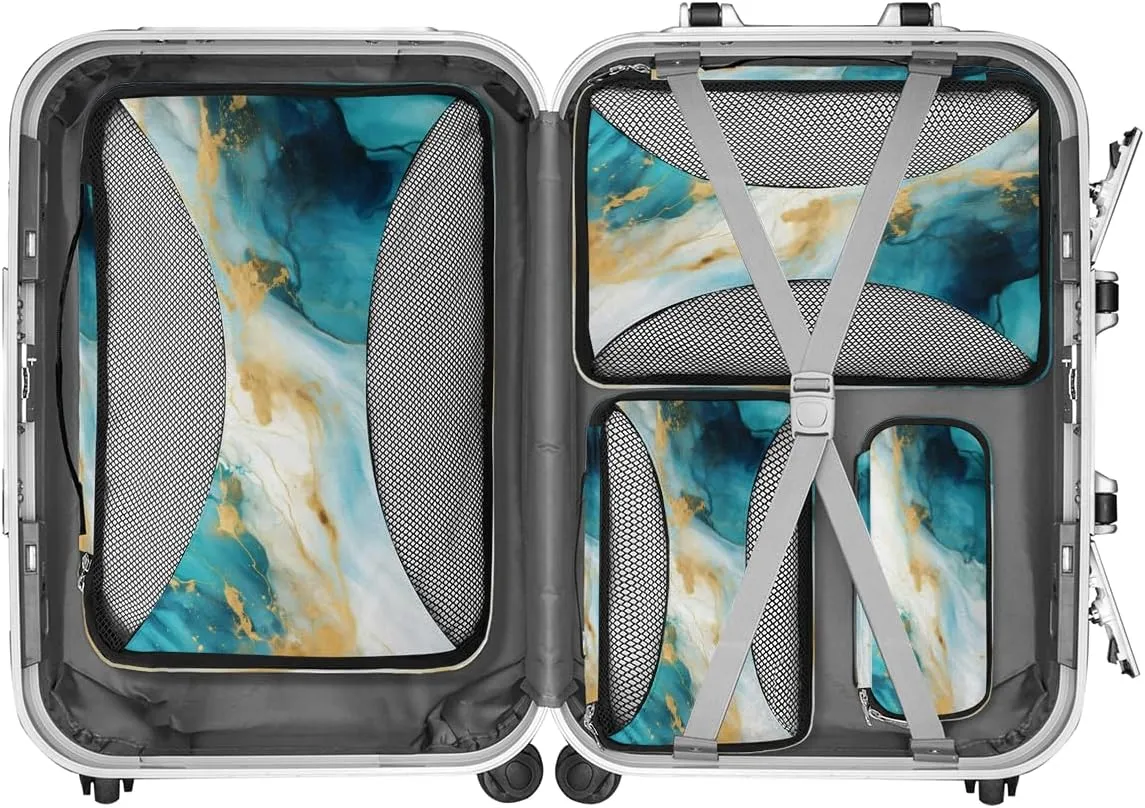 Luxury Blue Marble Packing Cubes for Suitcases Luggage Organizer Bags Set Travel Packing Organizers Multiple Sizes for Clothes Shoes Cosmetics Toiletries