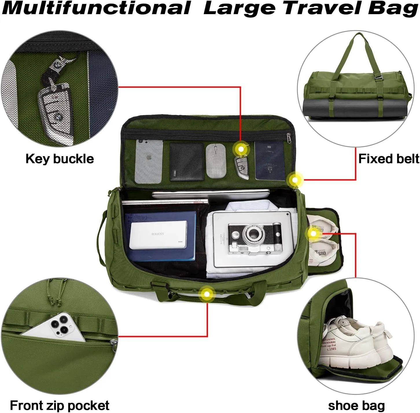 Lyweem 60L Duffle Bag for Men Travel Duffel Bag Large Size for Women Weekender Overnight with Shoes Compartment Multifunctional Gym Bags, Green