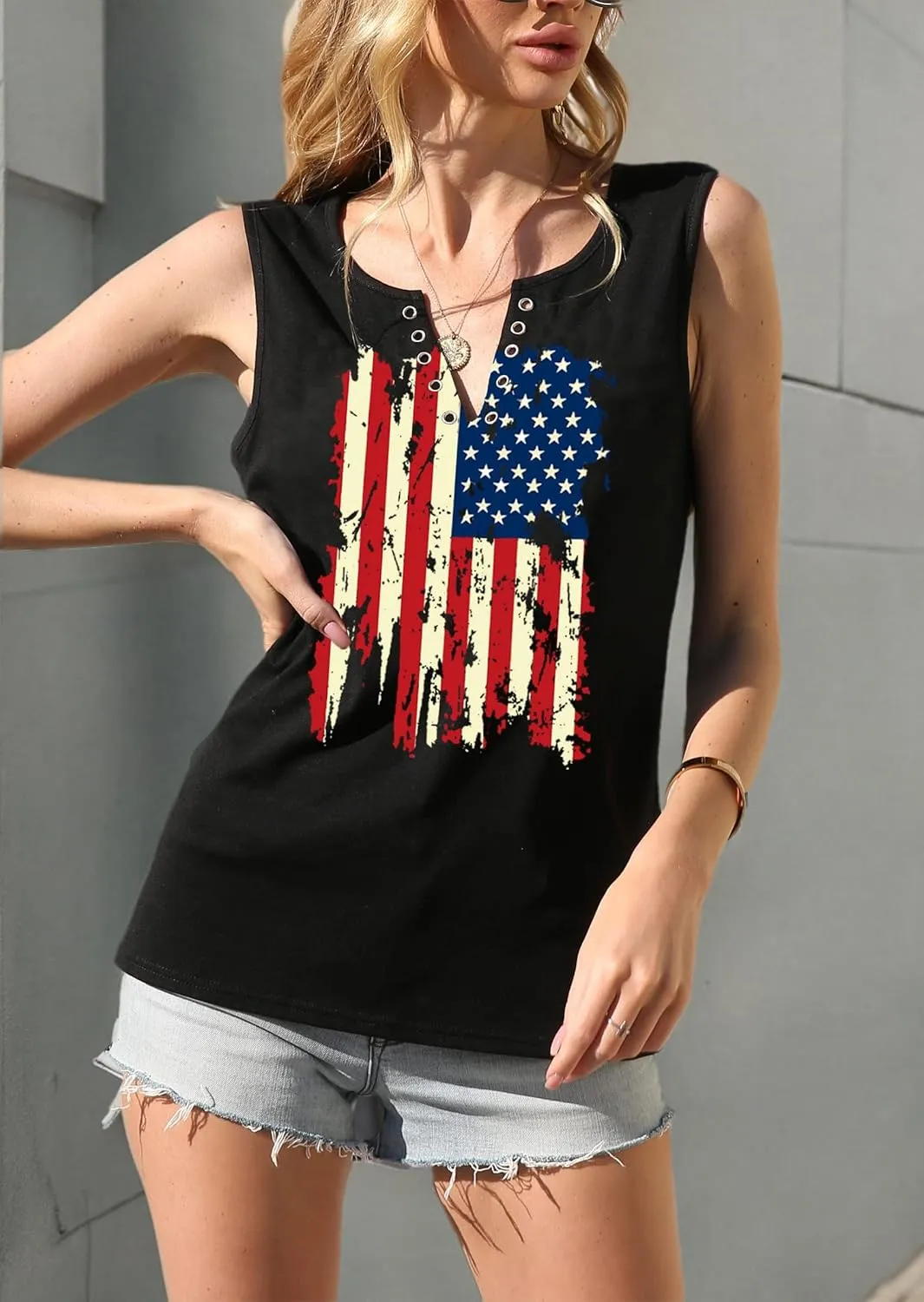 MAIHUN American Flag Tank Tops for Women 4th of July Shirts Ring Hole Sleeveless V-Neck T-Shirt Patriotic Tees