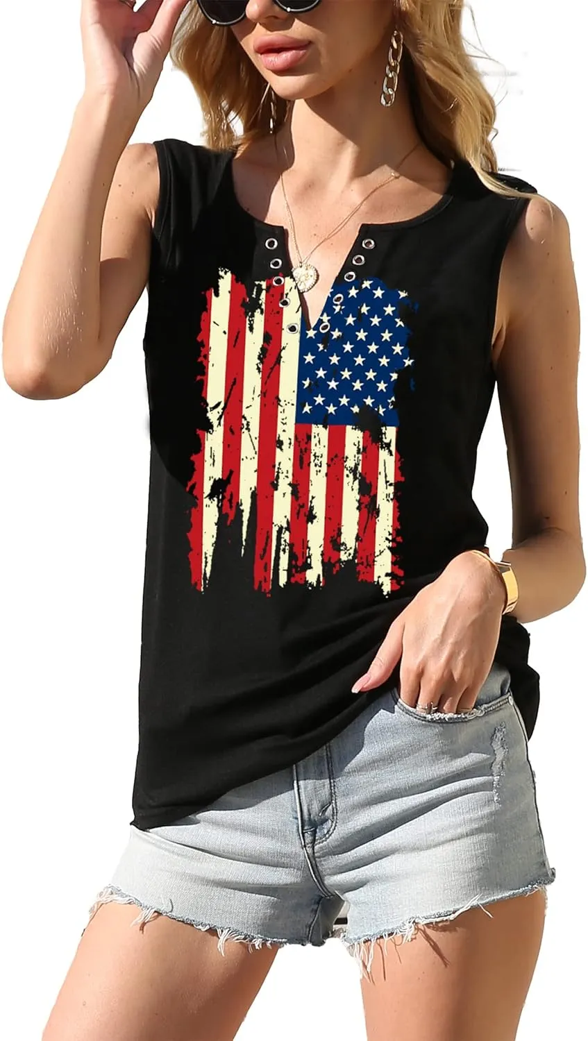MAIHUN American Flag Tank Tops for Women 4th of July Shirts Ring Hole Sleeveless V-Neck T-Shirt Patriotic Tees
