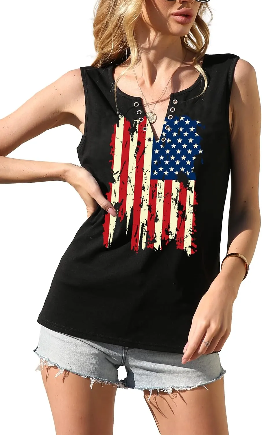 MAIHUN American Flag Tank Tops for Women 4th of July Shirts Ring Hole Sleeveless V-Neck T-Shirt Patriotic Tees