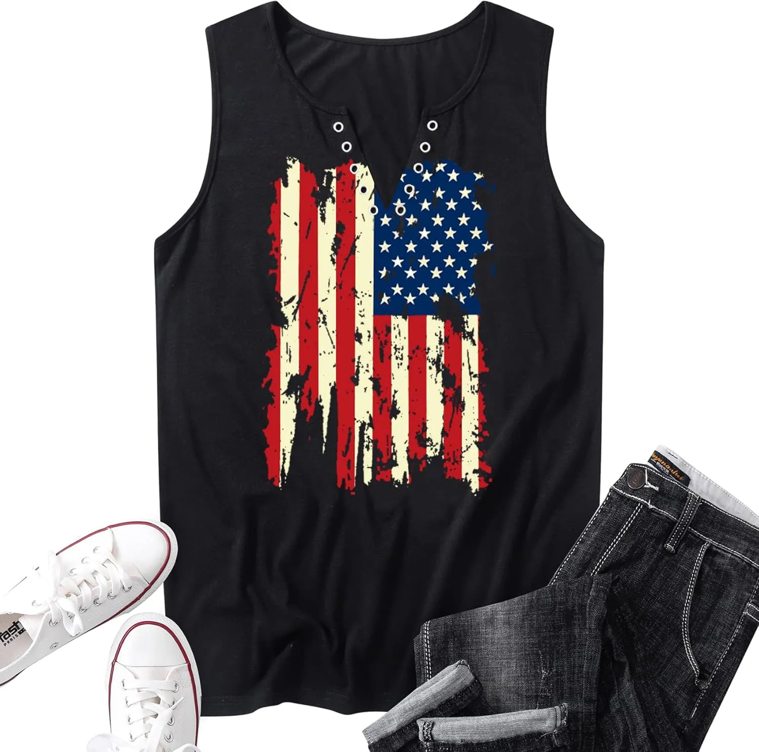 MAIHUN American Flag Tank Tops for Women 4th of July Shirts Ring Hole Sleeveless V-Neck T-Shirt Patriotic Tees