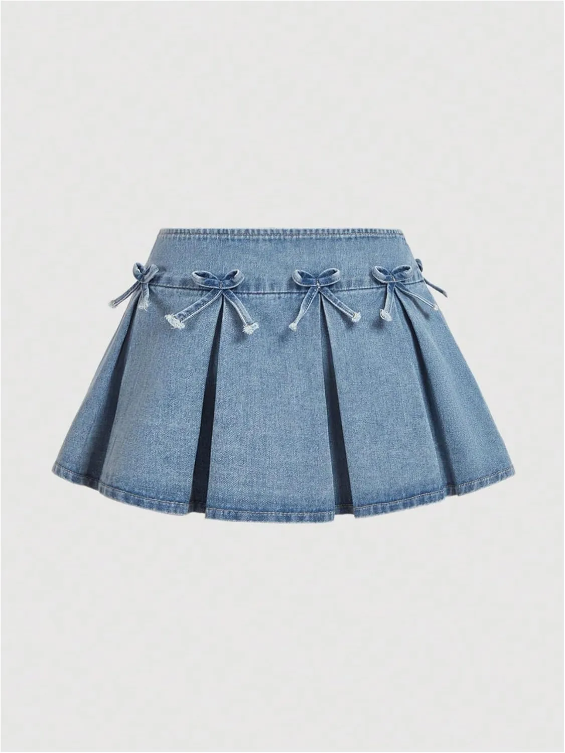 MakeMeChic Women's Bow Knot Pleated Y2k Flared Mini Denim Skirt Pleated A Line Jean Skirt