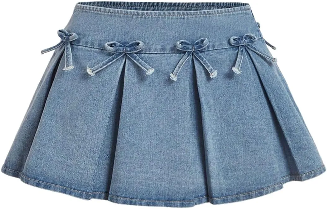 MakeMeChic Women's Bow Knot Pleated Y2k Flared Mini Denim Skirt Pleated A Line Jean Skirt