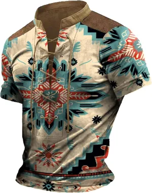 MARSVOVO Men Lace Up V Neck Short Sleeve Fashion Street Style Big and Tall Hip Hop Shirts for Men