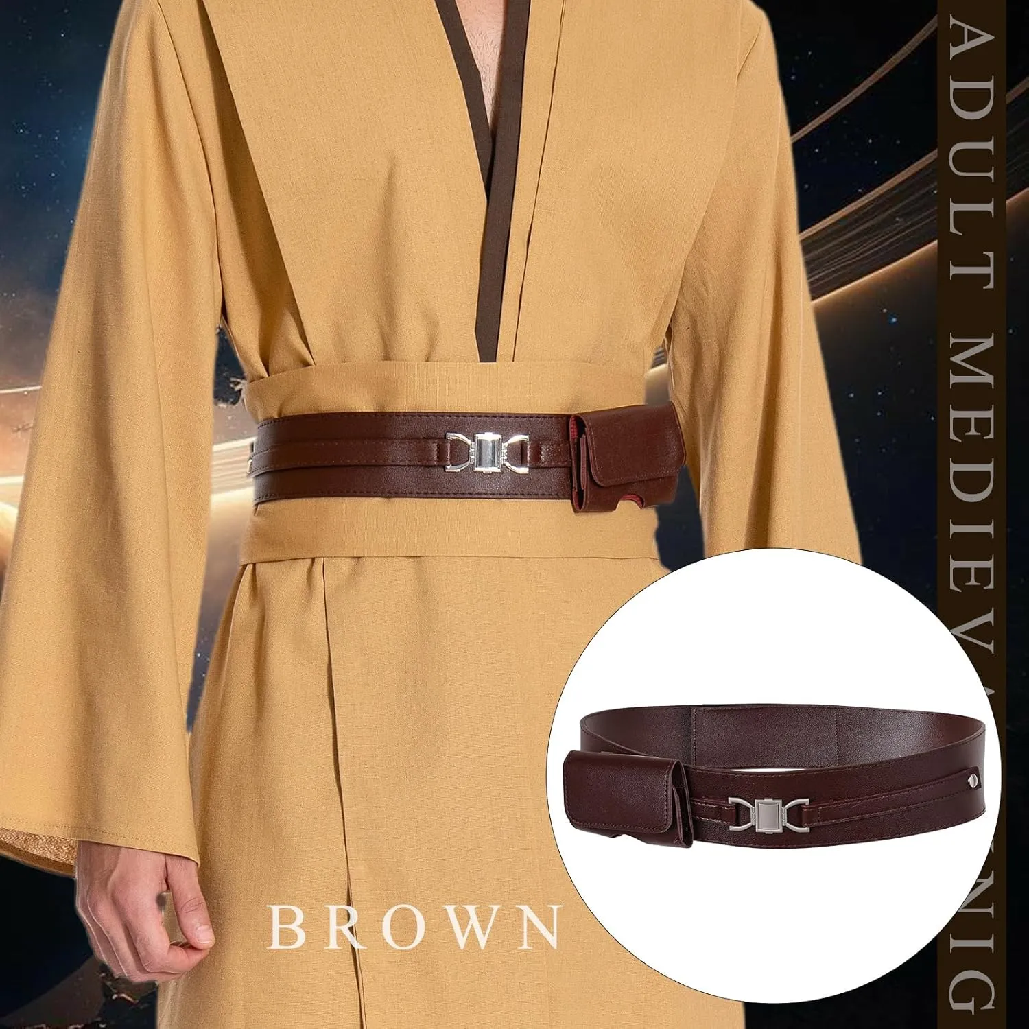 Medieval Knight Leather Belt Costume Adult Renaissance Cosplay Belt with Waist Bag Accessories for Men