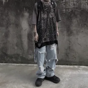 Men Women Y2K Gothic Skeleton T-Shirt Grunge Dark Academia Emo Tees Japanese Alt Harajuku Oversize Punk Skull Clothes