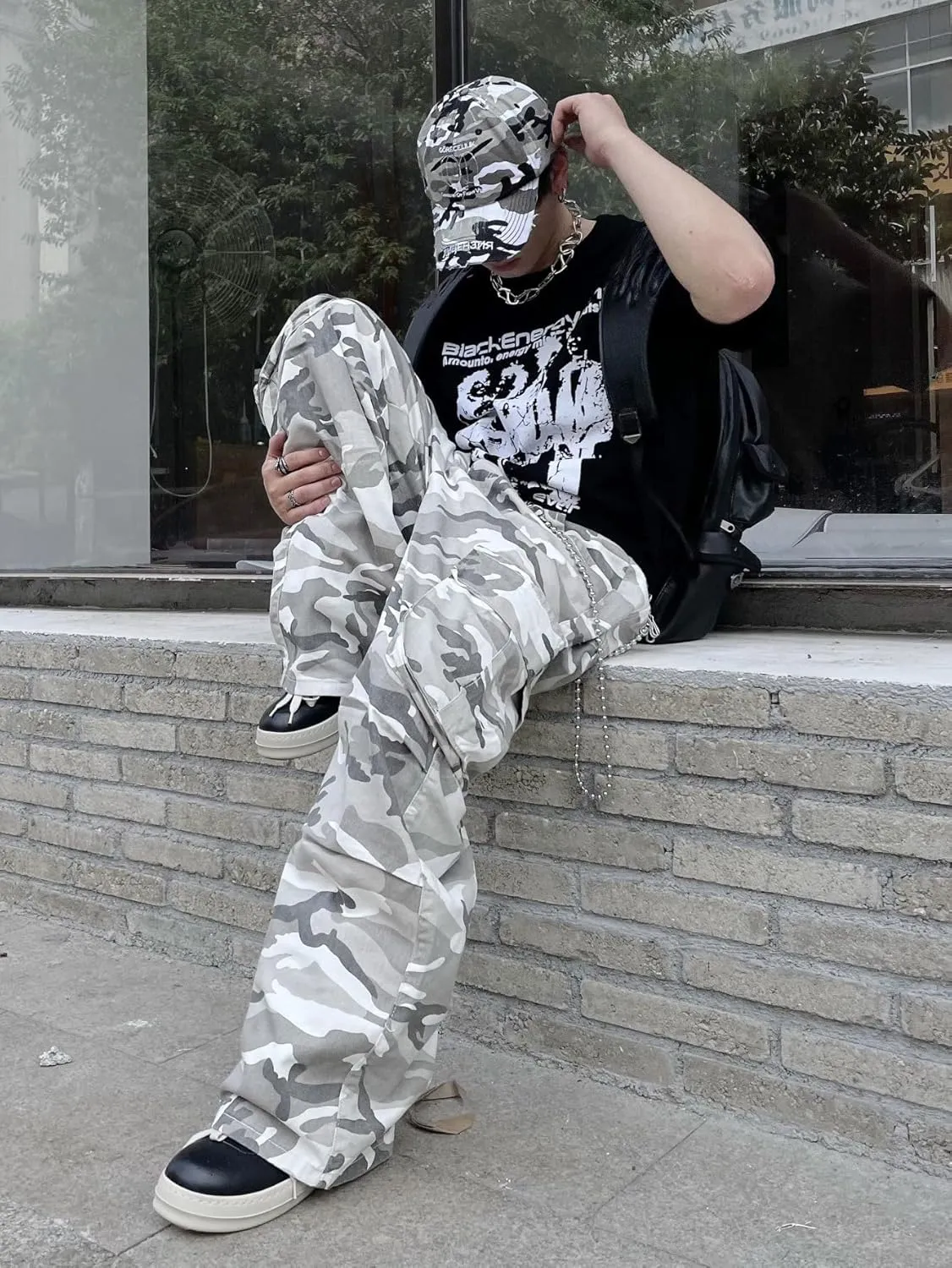 Mens Denim Baggy Pants with Cargo Pockets Mid Weight Casual Streetwear Wide Leg Jeans Hip Hop Skater Trousers