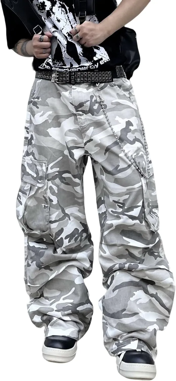 Mens Denim Baggy Pants with Cargo Pockets Mid Weight Casual Streetwear Wide Leg Jeans Hip Hop Skater Trousers
