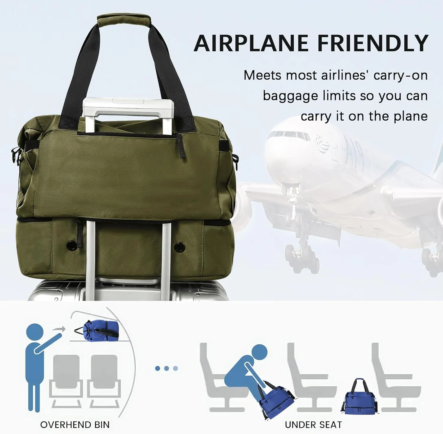 Military Green Gym Bag for Women - Weekender Duffel with Shoes Compartment, Wet Pocket & USB Charging Port, Carry On for Travel, Gym & Weekend