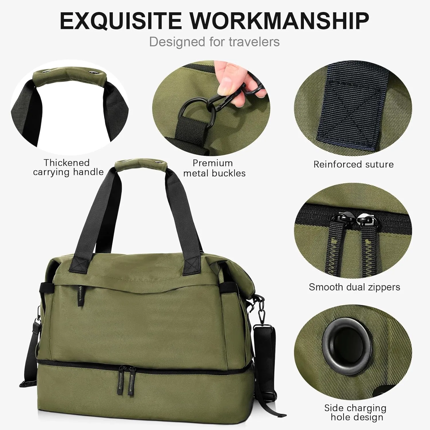 Military Green Gym Bag for Women - Weekender Duffel with Shoes Compartment, Wet Pocket & USB Charging Port, Carry On for Travel, Gym & Weekend