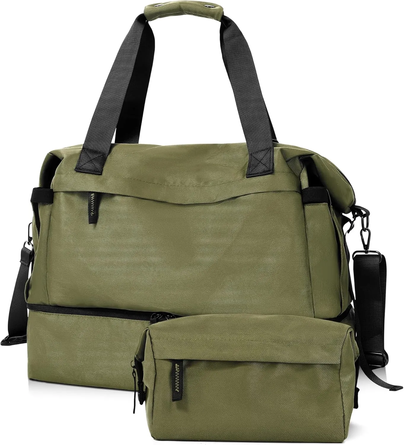 Military Green Gym Bag for Women - Weekender Duffel with Shoes Compartment, Wet Pocket & USB Charging Port, Carry On for Travel, Gym & Weekend