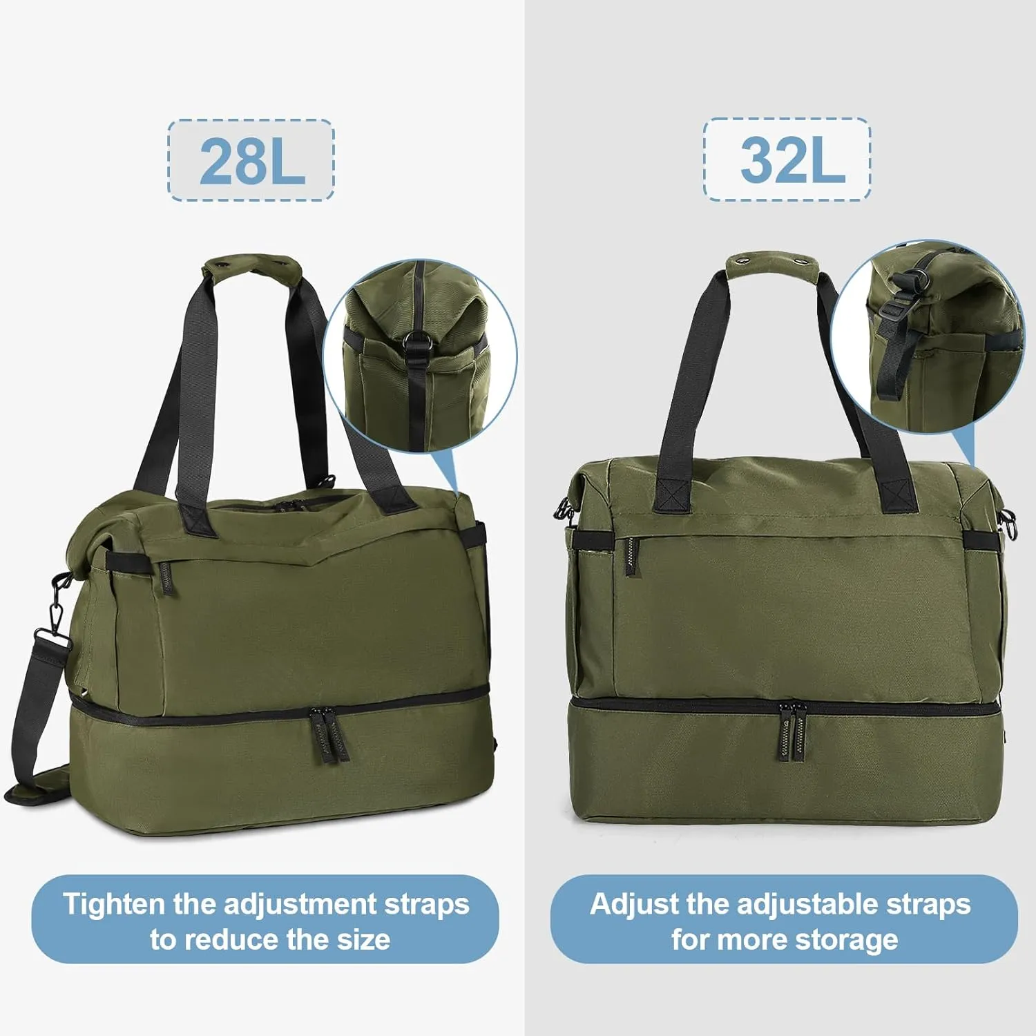 Military Green Gym Bag for Women - Weekender Duffel with Shoes Compartment, Wet Pocket & USB Charging Port, Carry On for Travel, Gym & Weekend