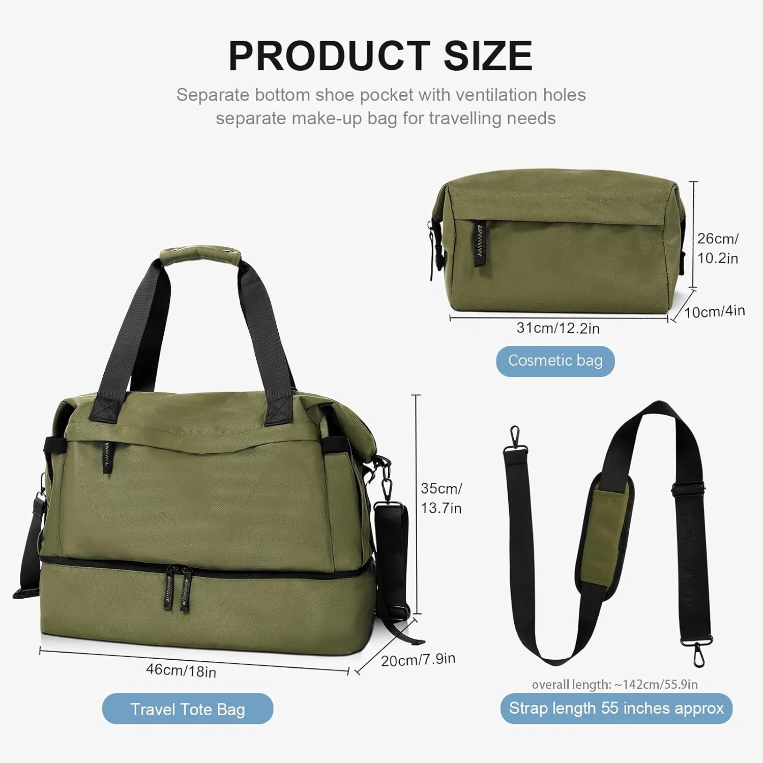 Military Green Gym Bag for Women - Weekender Duffel with Shoes Compartment, Wet Pocket & USB Charging Port, Carry On for Travel, Gym & Weekend