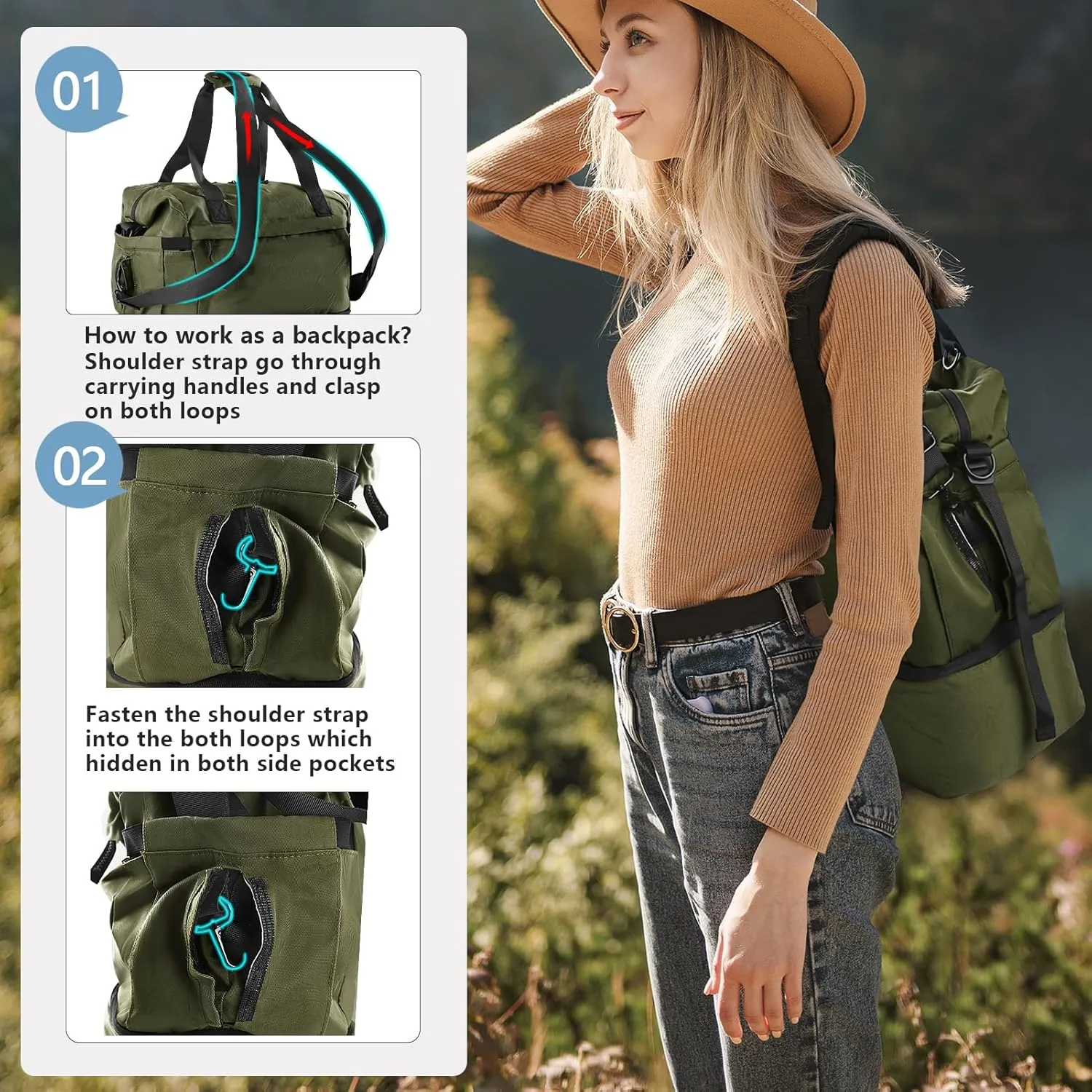 Military Green Gym Bag for Women - Weekender Duffel with Shoes Compartment, Wet Pocket & USB Charging Port, Carry On for Travel, Gym & Weekend